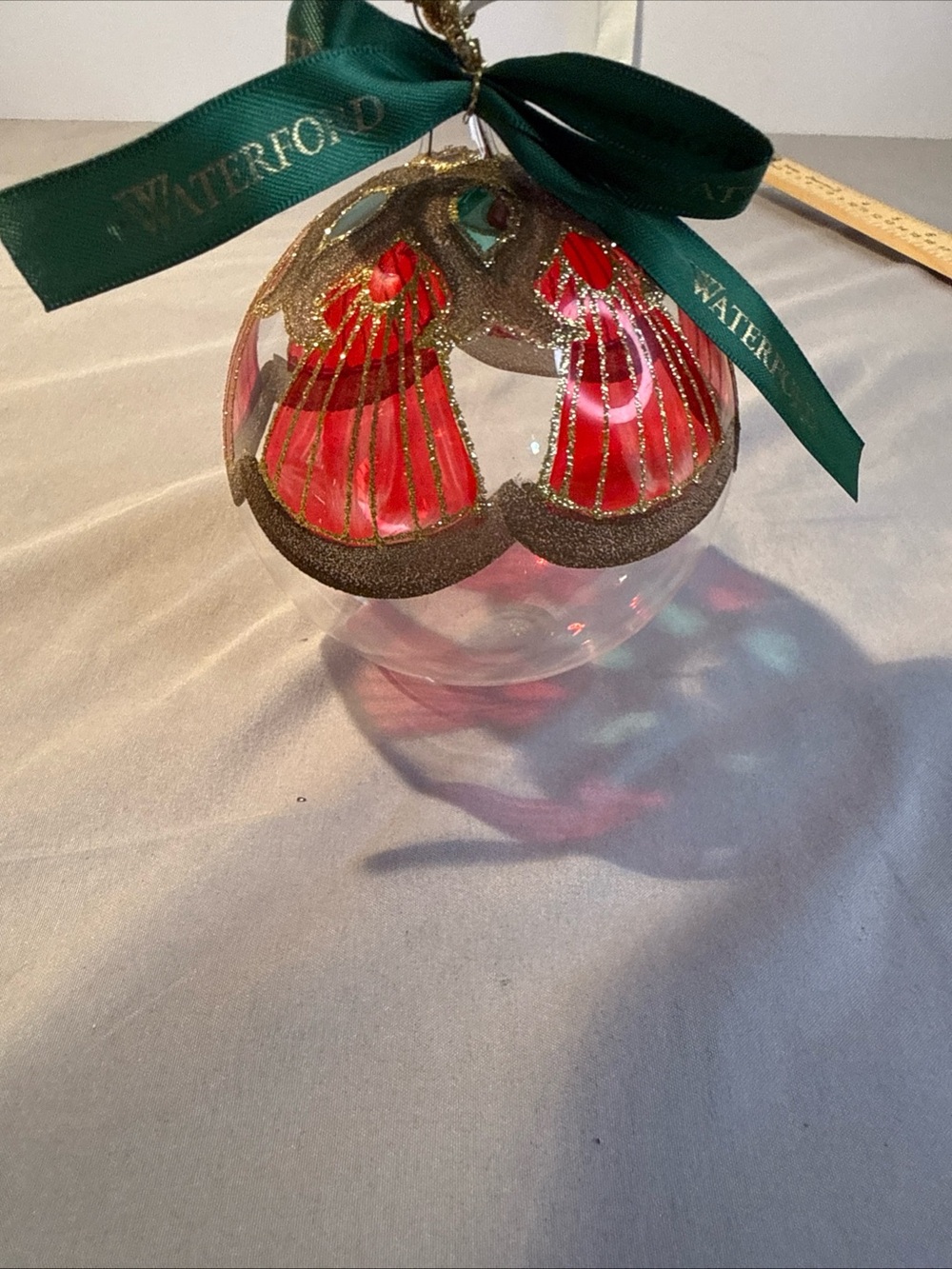 Waterford Red and Gold Glass Holiday Peacock Ball